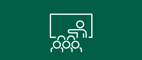 Piktogramm einer Veranstaltung: Personen schauen auf eine referierende Person und eine Folie